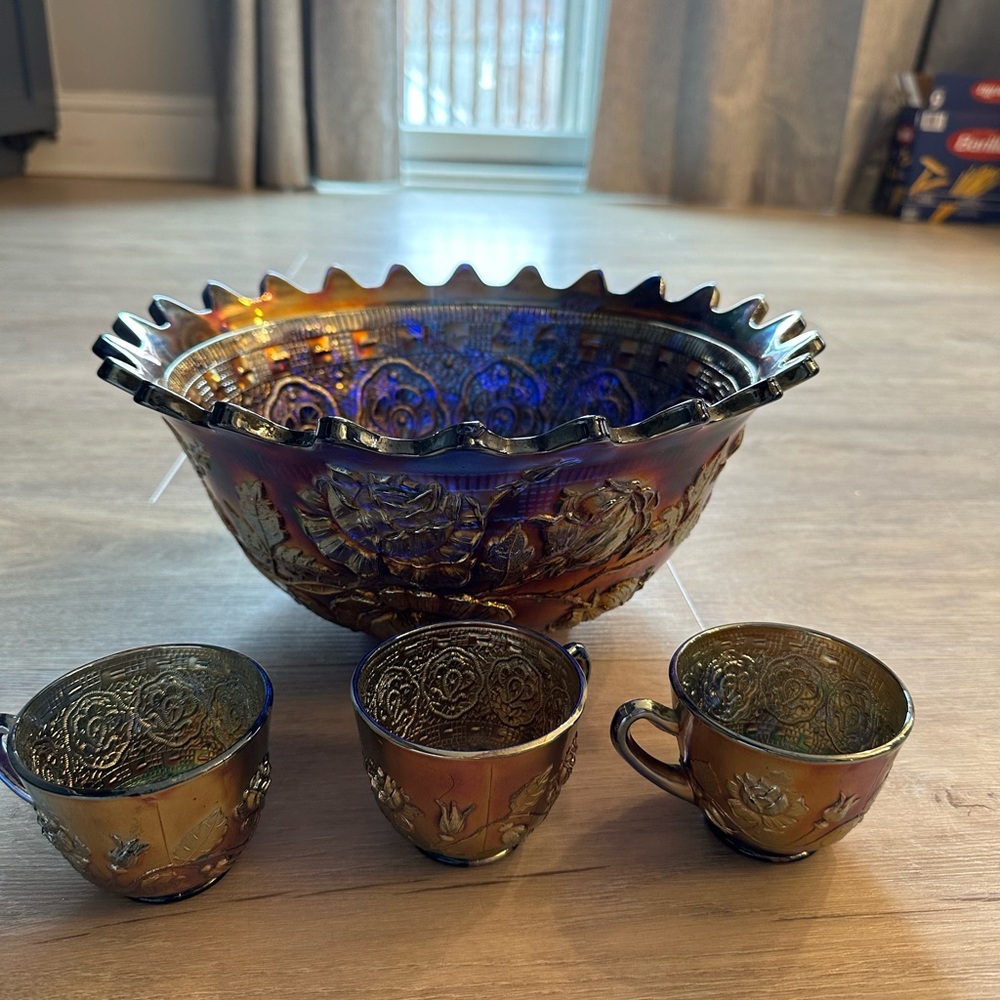 fenton punch bowl set Carnival Glass Vintage